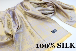 新品【SILK シルク100%】幾何学柄 ペイズリー 大判 ストール/スカーフ ゴールド系 シルバー