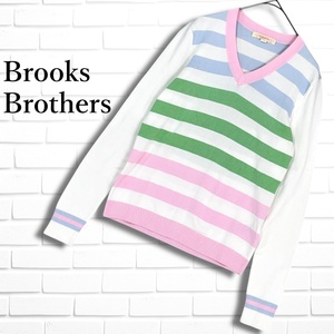 ◆美品◆ Brooks Brothers ブルックスブラザーズ ボーダー コットン ニット 長袖　セーター 白 ホワイト レディース XS ◆送料無料◆ 2364L