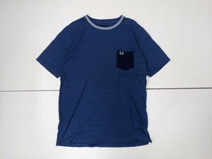 6．FRED PERRY 日本製 フレッドペリー 鹿の子 クルーネック 半袖シャツ 刺繍ロゴ リブラインメンズL ネイビー x801