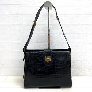 1581◎ LANCEL PARIS ランセル バッグ 鞄 ハンド 肩掛け 内ポケット あり クロコ型押し カジュアル ブラック レディース