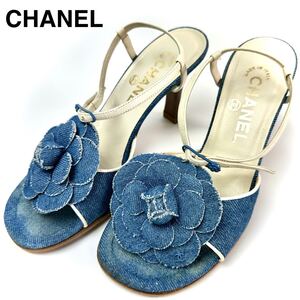 シャネル　CHANEL カメリア　デニム　ミュール　ヒール　ハイヒール