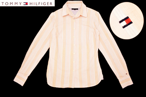 Y-5855★送料無料★超美品★TOMMY HILFIGER トミーヒルフィガー★正規品 左袖ロゴ刺繍 ピンク オレンジ ストライプ 長袖 ドレス シャツ 4