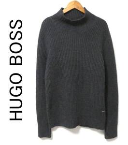 正規品 イタリア製 HUGO BOSS ヒューゴボス アルパカ混 リブ編み クルーネック ウールニット セーター S チャコールグレー