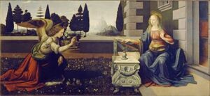 【フルサイズ版】レオナルド・ダ・ヴィンチ 受胎告知 1485年 ウフィツィ美術館 壁紙ポスター 特大1260×576mm はがせるシール式 005S1