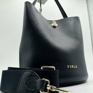 ■極美品■FURLA フルラ DANAE ダナエ ショルダーバッグ ハンド 2way ビジネス シボ革 レザー ブラック ホーボー ロゴ メンズ レディース