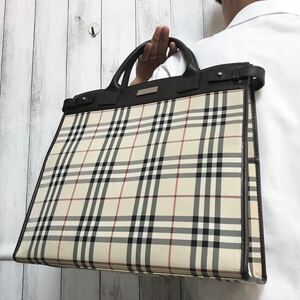 極美品●バーバリー BURBERRY トートバッグ ハンドバッグ メンズ ビジネス 大容量 A4 書類かばん ノバチェック キャンバス レザー ロゴ金具