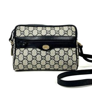 美品■GUCCI グッチ ショルダーバッグ クロスボディ 肩掛け 斜め掛け GGプラス ゴールド金具 PVC レザー 紺 メンズ レディース 男女兼用