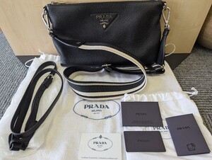 PRADA プラダ ショルダーバッグ ロゴ BANDOLIERA ソフトレザー ブラック 1BH050 ショルダー クラッチ 2way ショルダー2本付 使用1回 超美品