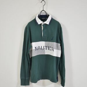 1円【00sポロシャツ】NAUTICA ノーティカ　ラガーシャツ　刺繍ロゴ　長袖　ポロシャツ　バイカラー　Sサイズ　エルボーパッチ　ディテール