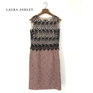 A6897/美品 春夏 LAURA ASHLEY ローラアシュレイ レース 刺繍 総柄 ノースリーブ ロング ミモレ丈 ワンピース UK12 ピンク/レディース