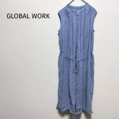 GLOBAL WORK ロングシャツワンピース M ノーカラー フレンチスリーブ