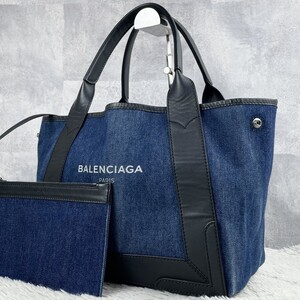 美品 BALENCIAGA バレンシアガ ハンドバッグ トートバッグ ネイビーカバス ポーチ付 デニム キャンバス レザー 大容量 ロゴ型押し ステッチ