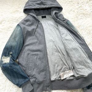 極美品/XL相当●ディーゼル DIESEL パーカー デニム切替 フード ジップジャケット ジージャン ダメージ加工 ロゴ金具 インディゴブルー