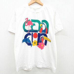 L/古着 半袖 ビンテージ Tシャツ メンズ 90s フラミンゴ 鳥 花 クルーネック 白 ホワイト 23jun26 中古