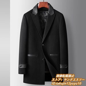 18万 最上級*ウールコート ビジネスコート 新品 グースダウンジャケット メンズ ロングコート 高級 WOOL セレブ*羊革 厚手 紳士服 黒 S