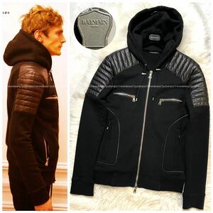 本物 美品 バルマンオム ショルダー レザー切替 ZIP UP パーカー バイカー スウェット ジャケット S 黒 BALMAIN HOMME