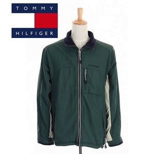 A5422/ビンテージ90s 美品 秋冬 TOMMY HILFIGER トミーヒルフィガー ナイロン 裏フリース ジップアップ ブルゾン ジャケット L/G 緑/メンズ