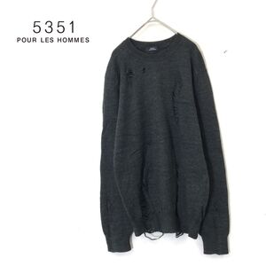 1D2162-D-S◆美品◆ 5351 POUR LES HOMMES 5351プール・オム アバハウス アルパカブレンドニット セーター ダメージ加工 ◆size3 カーキ