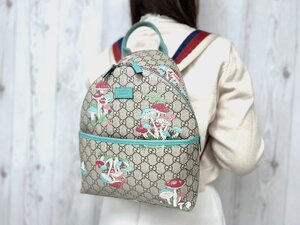 極美品 GUCCI グッチ GGスプリーム キノコ柄 リュックサック バッグ レザー×ナイロンキャンバス ベージュ系マルチカラー 79022