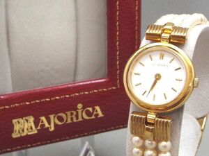 良品! MAJORICA/マジョリカ K18メッキ フェイクパールベルト クォーツ レディース腕時計 【W28y2】