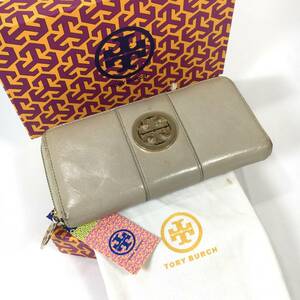 トリーバーチ 長財布 レザー ベージュ ゴールド金具 ラウンドジップ 巾着袋 箱付 TORY BURCH