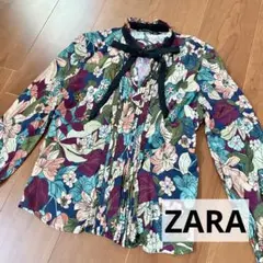 ZARA ザラ 花柄 ブラウス XS  シャツ ボウタイ リボン モダン レトロ