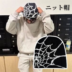 ビーニー 黒 ニット パイダーウェブ ニット帽 蜘蛛の巣 グランジ 秋 冬 y2k 韓国 ラッパー ギャル 男女兼用 平成 古着