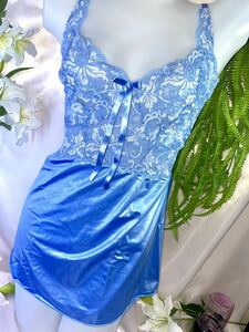 ◆◇*─*◇◆*─*◆◇ミセラン◇80-70size◇光沢ブルー*花レース*リボン*スリップ!(´▽｀)