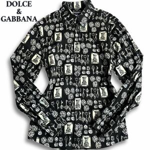 入手困難/極美品◎ ドルチェ&ガッバーナ DOLCE&GABBANA 長袖 ドレスシャツ 鍵 ダイス タロットカード 総柄 SICILIA ブラック 黒 春夏◎