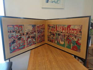 お茶道具　風炉先屏風　小屏風　征韓論之図他　版画が６枚張られています。
