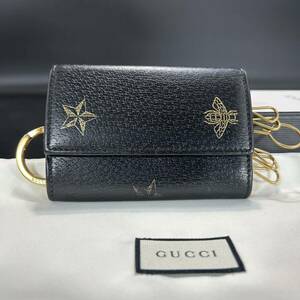 【美品】1円 GUCCI グッチ キーケース 鍵入れ ビー bee 蜂 ブラックスター キーリング ６連 レザー ロゴ ゴールド金具 メンズ レディース 