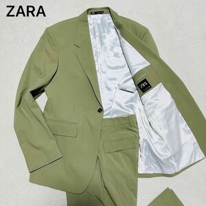 超希少2XL!極美品 ザラ【爽やかな紳士の1着】ZARA スーツ セットアップ ストレッチ 1B 総裏地 メンズ 秋冬 カジュアル グリーン系 52 3L