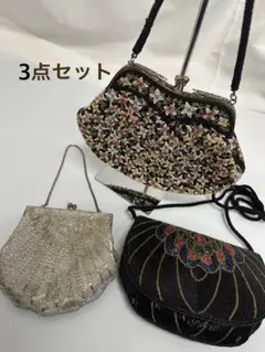 ［S8-34］ビーズ刺繍バッグ 3点セット 花柄 がま口 ビンテージ