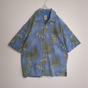 アロハシャツ リーフ ウッドボタン ボタニカル 開襟 胸ポケット ブルー L