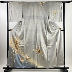 訪問着 身丈156.5cm 裄丈62cm S 袷 扇子 枝垂れ桜 金糸 金彩 灰色 正絹 秀品 【中古】