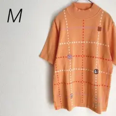 マンシングウェア【M】ハイネック半袖ニット　刺繍ロゴ　オレンジ　綿アクリル