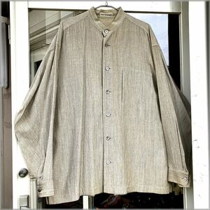 ★90s　ISSEY MIYAKE MEN イッセイミヤケ　長袖シャツ　バンドカラー　L　日本製★検 ビンテージ オールド マオカラー レーヨン 80s 古着