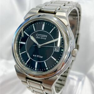 【稼働品】CITIZEN Eco-Drive E111-S027161 シチズン エコドライブ 美品 純正ベルト デイト メンズ腕時計 0y