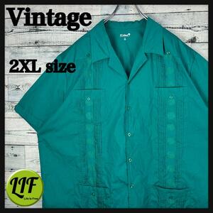 ヴィンテージ 刺繍デザイン 4ポケット 半袖 開襟キューバシャツ グリーンXXL