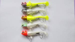 約35g　ジグヘッド + ワーム　5色セット　魚型ヘッド　市販のワームを着脱可能　やわらか素材　ヒラメ　マゴチ　シーバス　タチウオ