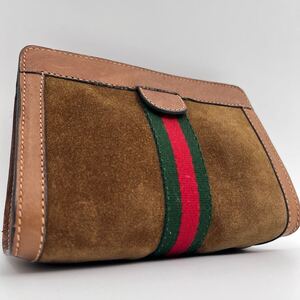 極美品 GUCCI グッチ オールドグッチ シェリーライン スエード レザー 本革 クラッチバッグ セカンドバッグ ブラウン ハンドバッグ ポーチ