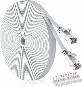 White 30M LANケーブル CAT6 フラットランケーブル RJ45コネクタ ギガビット UTP 爪折れ防止 業務用 カテ