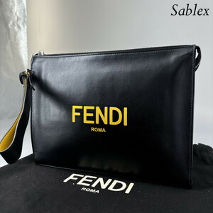 1円【新品同様】FENDI クラッチバッグ フェンディ ロゴ フラットスリム 7VA491 レザー ブラック 黒 FF ズッカ セカンドバッグ メンズ