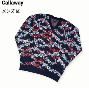 美品 Callaway キャロウェイ ボタニカル柄 ニット M 紺赤青白 Vネック 総柄 キャロウェイ メンズウェア キャロウェイ ウェア