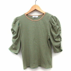 ディスコート Discoat リブ カットソー Tシャツ ボーダー 柄 パワーショルダー 五分袖 丸首 綿混 F 茶 緑 /HT16 レディース