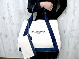 極美品 BALENCIAGA バレンシアガ ネイビーカバス M トートバッグ ショルダーバッグ バッグ キャンバス×レザー ナチュラル×紺 A4可 77901Y