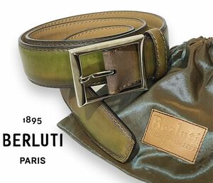 正規品 Berluti ベルルッティ パティーヌ レザー ベルト ブラウン カーキ シルバーバックル 本革 イタリア製