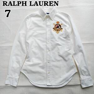 ラルフローレン　Ralph Lauren　刺繍エンブレム　ボタンダウンシャツ　長袖　白　レディース７　S　インパクト21　240830-07