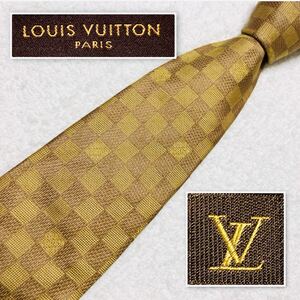 ■良品■LOUIS VUITTON ルイヴィトン　クラヴァット　ネクタイ　ダミエ　シルク100% イタリア製　ライトブラウン×マスタードイエロー