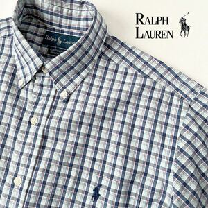 (美品) ラルフローレン RALPH LAUREN ボタンダウン チェック柄 半袖シャツ M (日本L) ブルー ネイビー シャツ